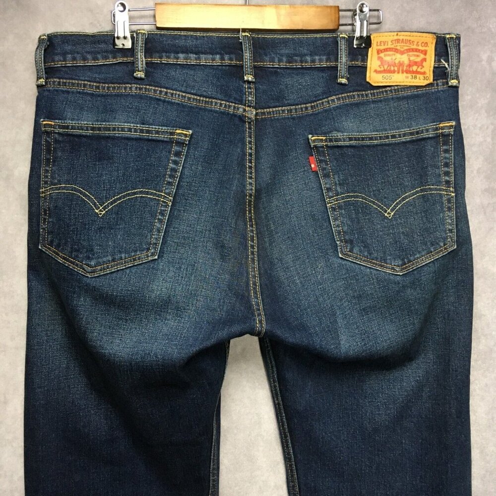Levis Mens 505 Regular Fit Blue Jeans size 38x30 Stretch Denim Zipper Fly